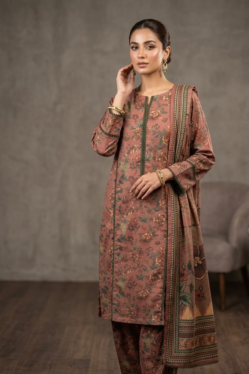 Brown Printed Lawn 3 Piece Bayashma 