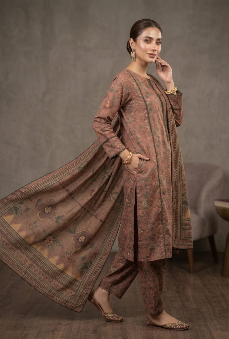 Brown Printed Lawn 3 Piece Bayashma 