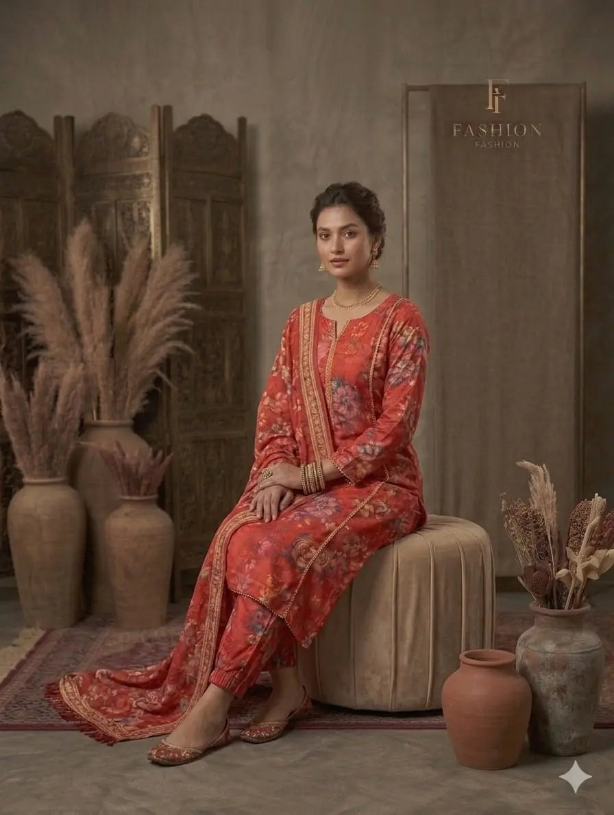 Rust Red Printed Lawn 3 Piece Bayashma