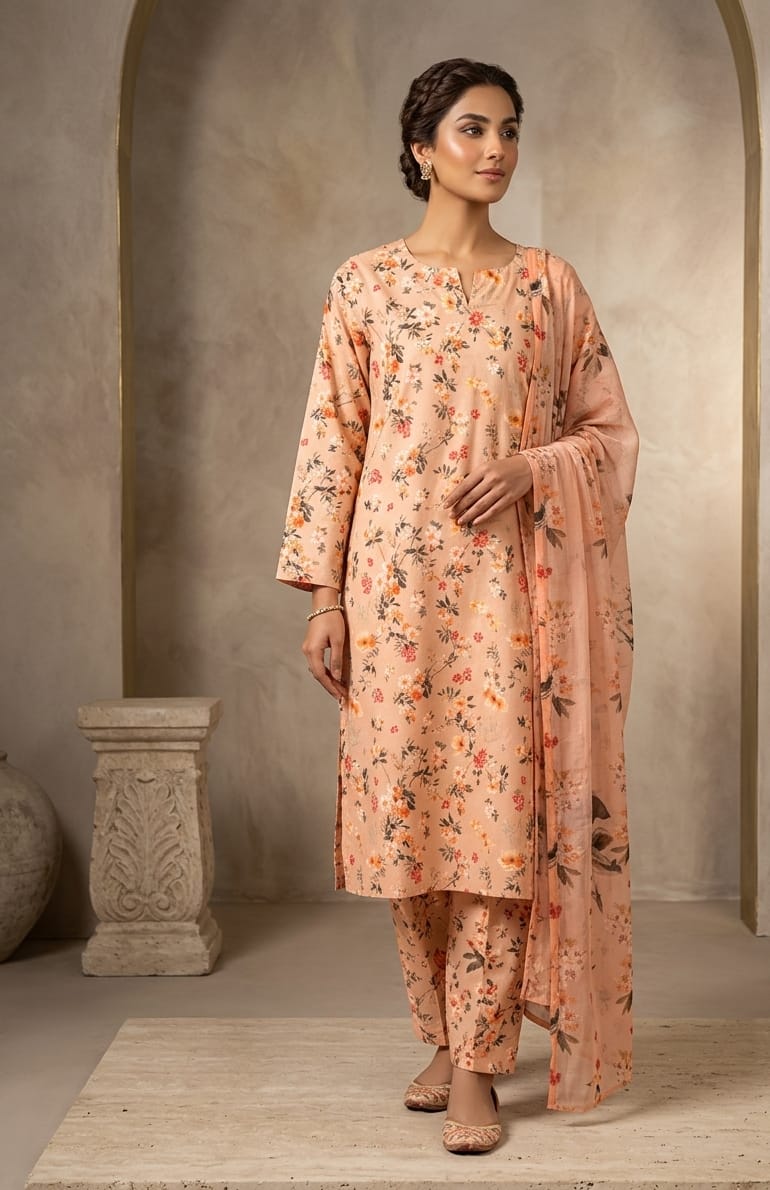 Peach Printed Lawn 3 Piece Bayashma 