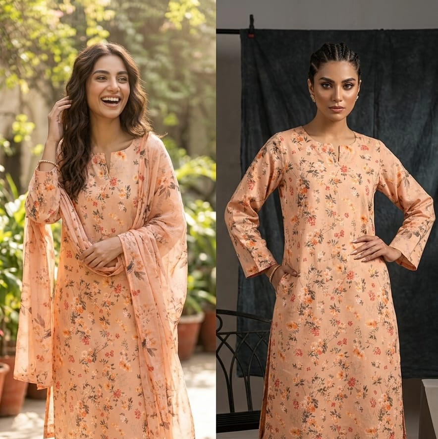 Peach Printed Lawn 3 Piece Bayashma 