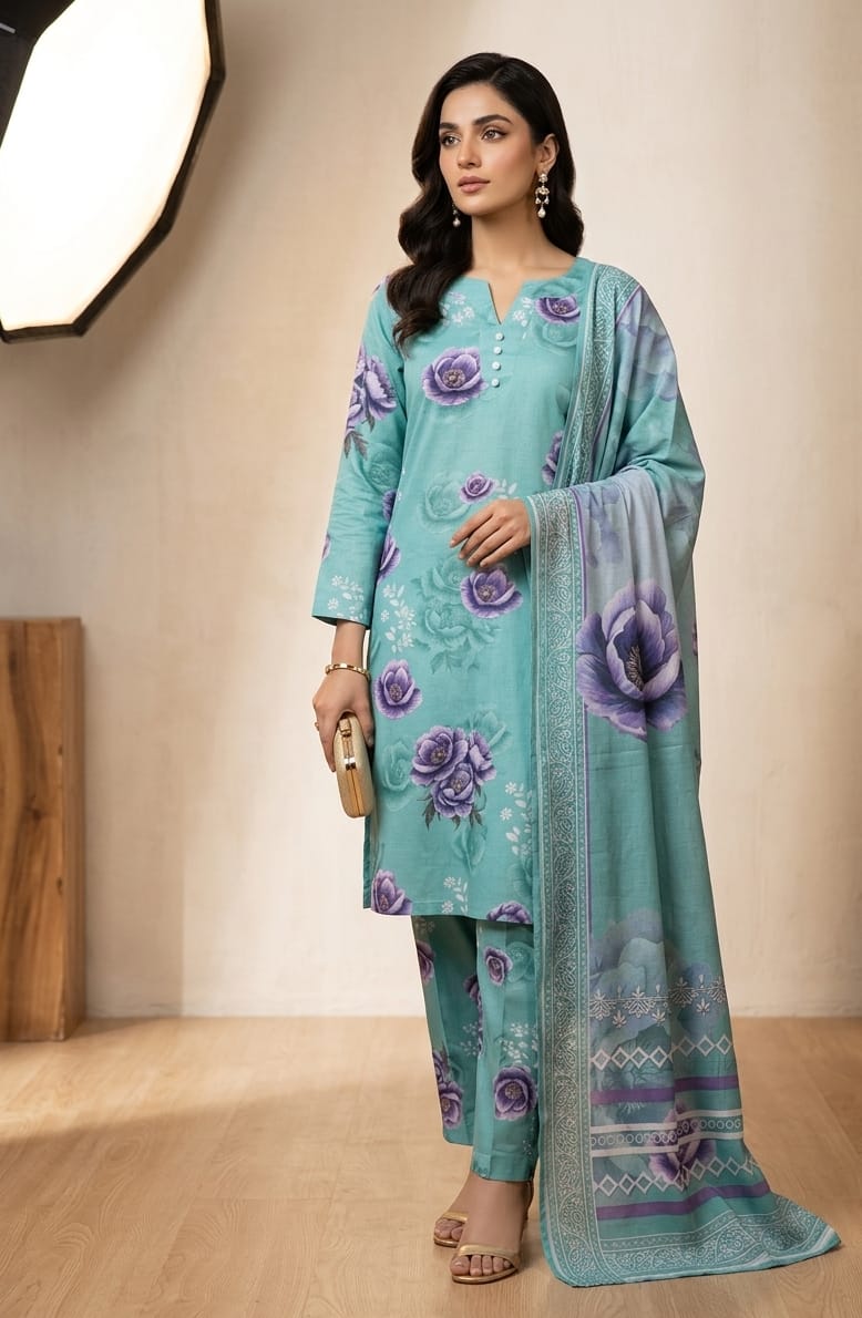 Aqua Green Printed Lawn 3 Piece Bayashma 
