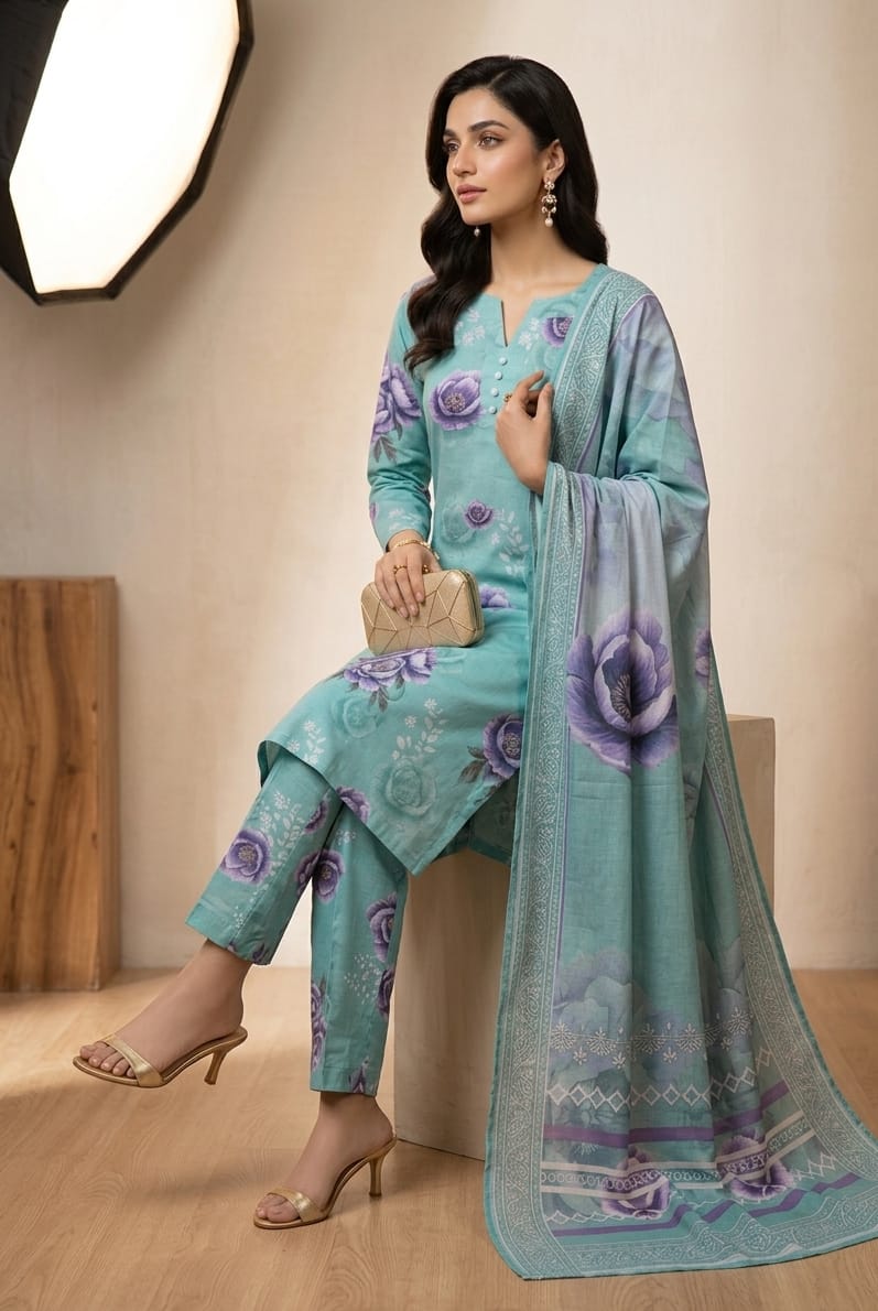 Aqua Green Printed Lawn 3 Piece Bayashma 