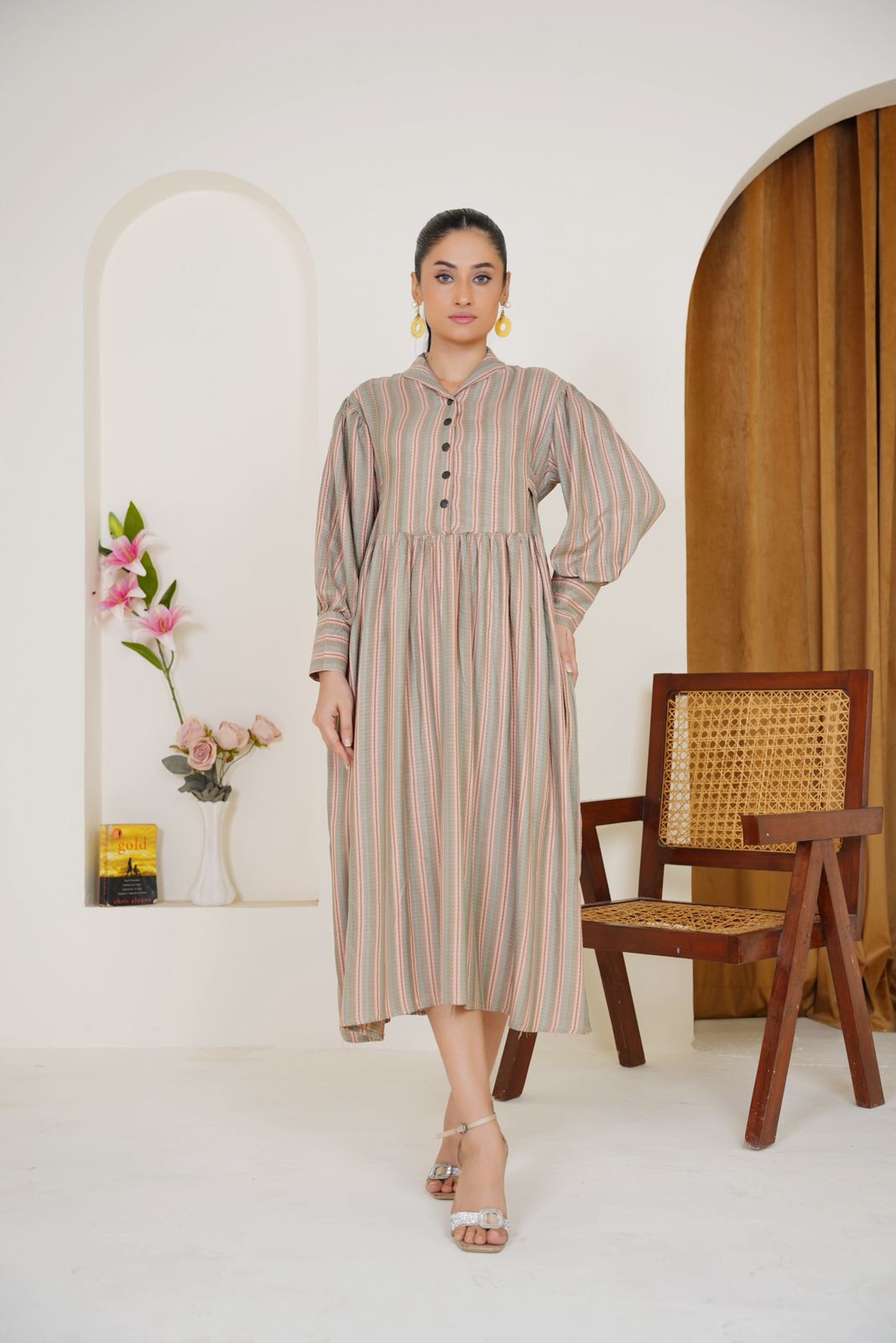 Beige Striped Frock Bayashma 