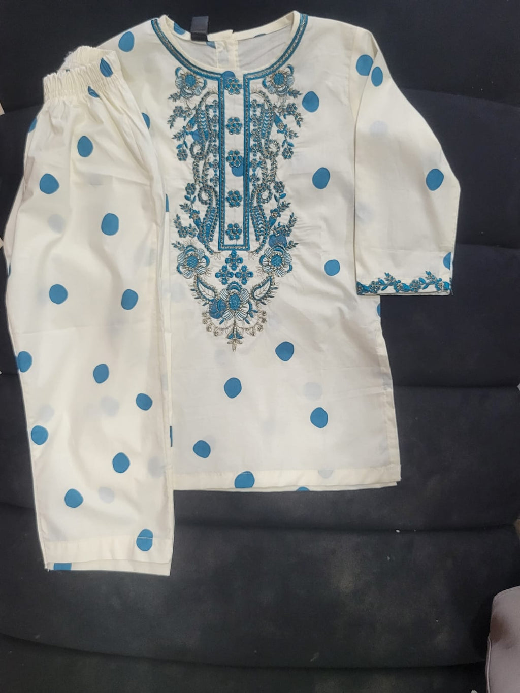 Teal Polka Dot Embroidered Set Kids Bayashma 
