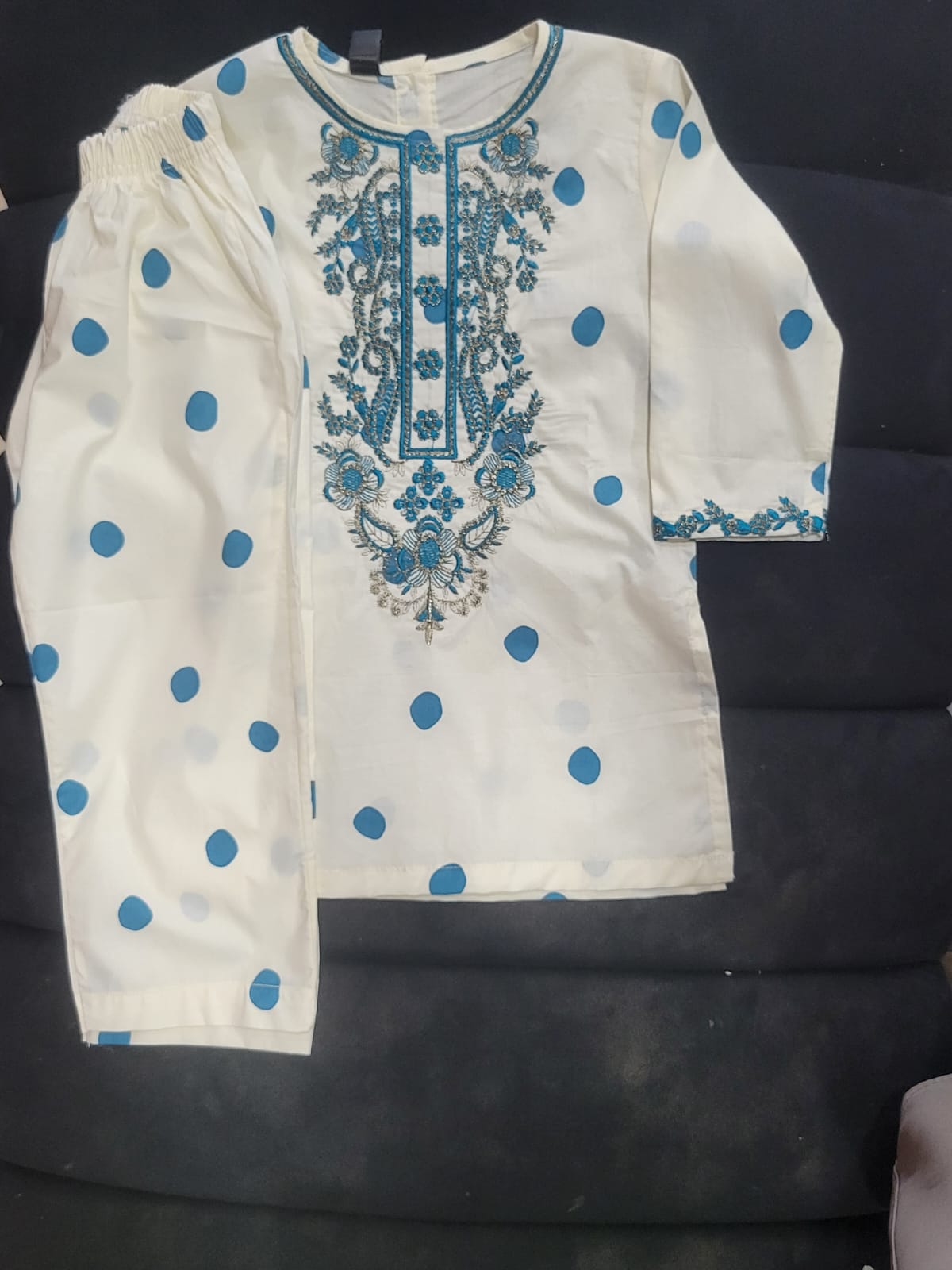 Teal Polka Dot Embroidered Set Kids Bayashma 