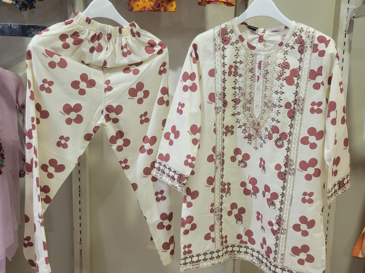 Cream Rose Floral Kurta Set Kids Bayashma 