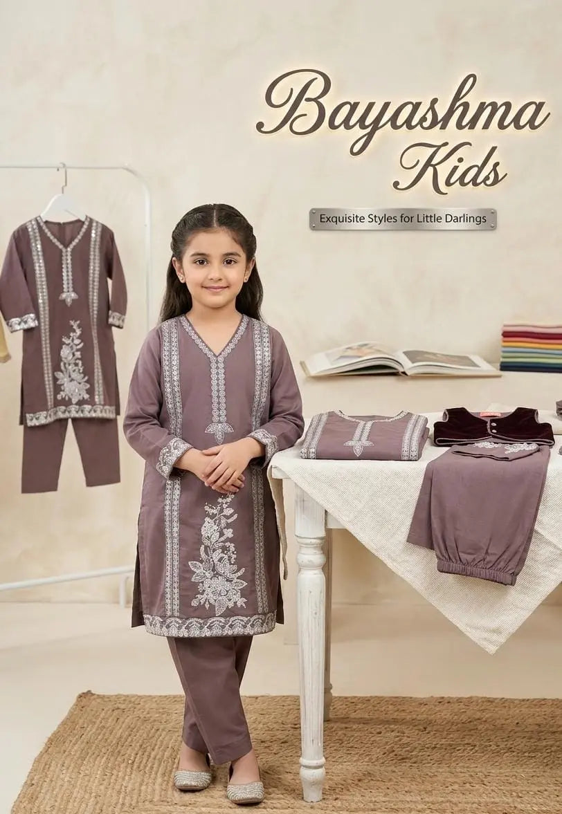 Mauve Floral Embroidered Kurta Set Kids Bayashma