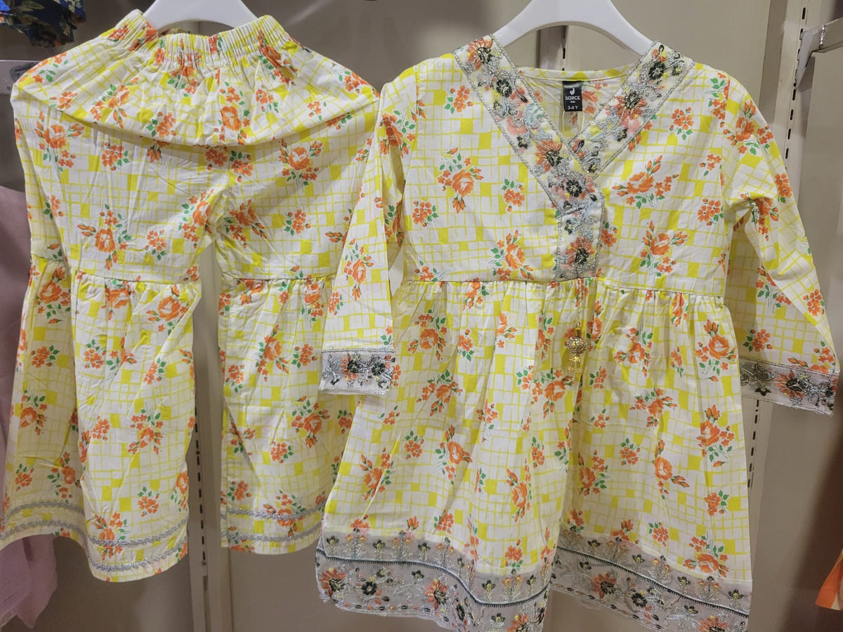 Yellow Floral Laced Gharara Set Kids Bayashma 