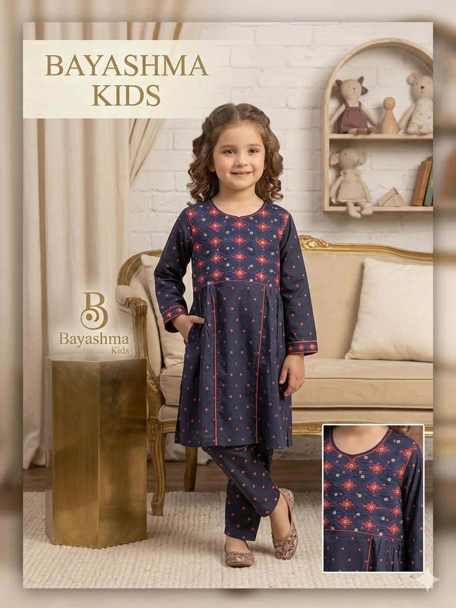 Navy Embroidered Tunic Set Kids Bayashma 