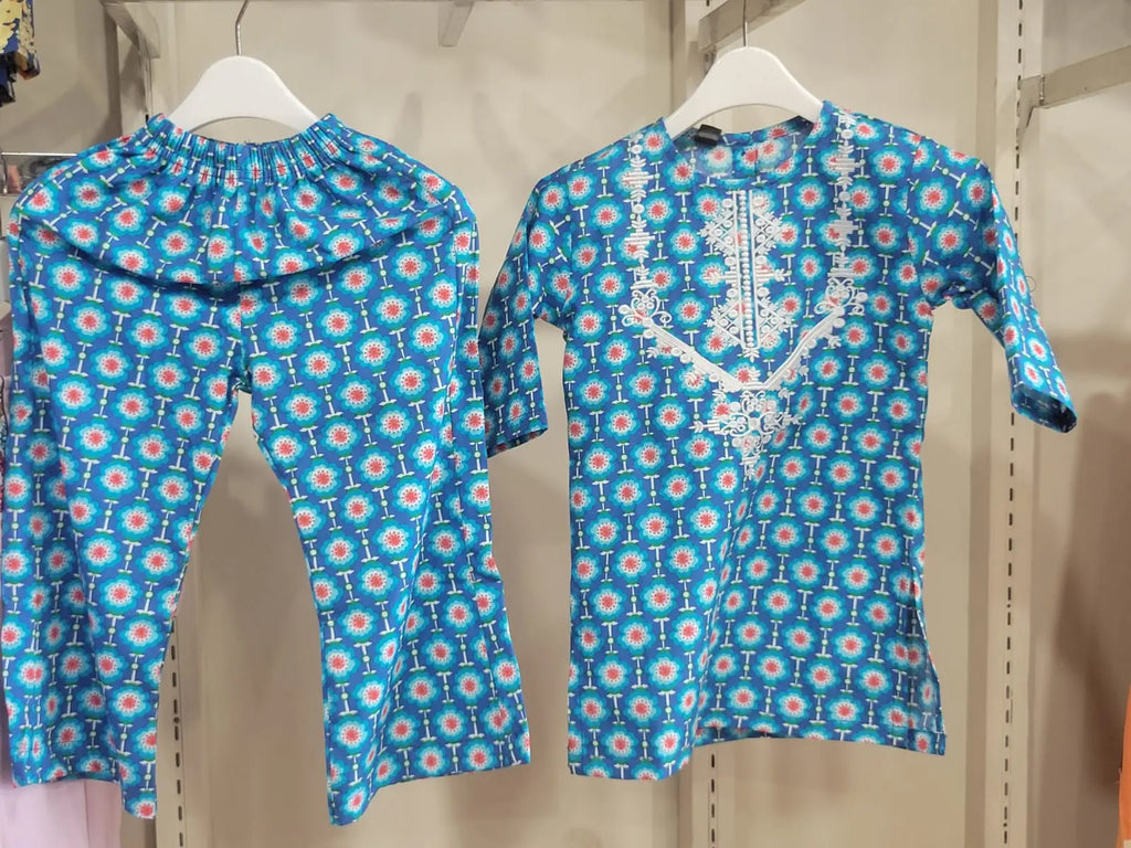 Teal Medallion Kurta Set Kids Bayashma