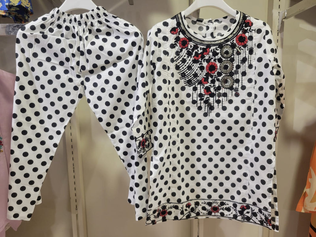 Monochrome Polka & Crimson Embroidered Set Kids Bayashma 