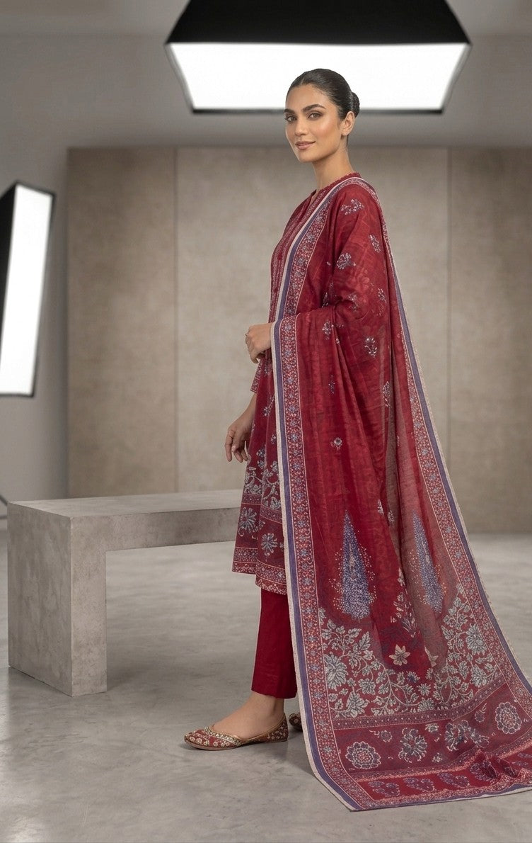 Red Printed Lawn 2-Piece Shirt-Dupatta Bayashma 