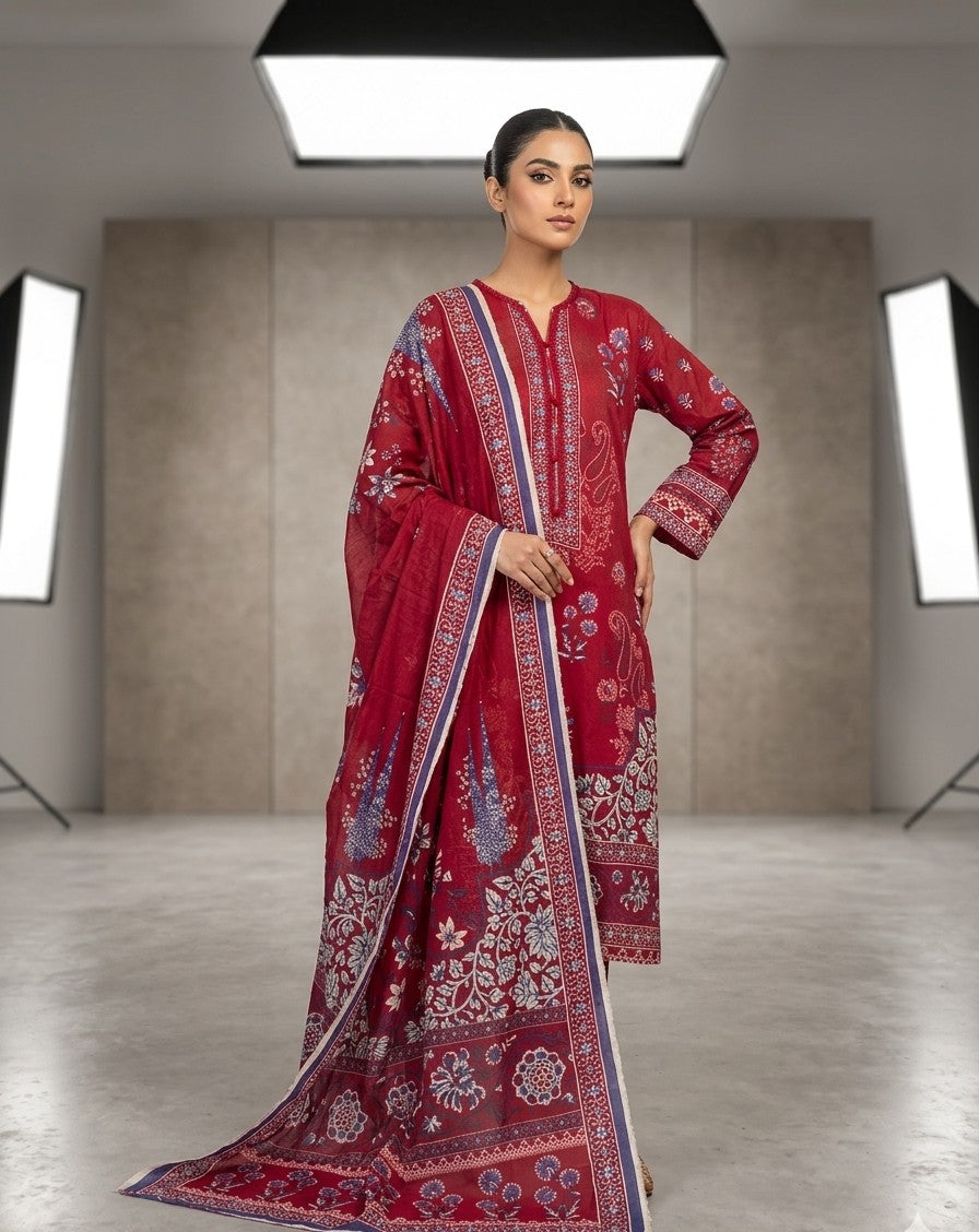 Red Printed Lawn 2-Piece Shirt-Dupatta Bayashma 