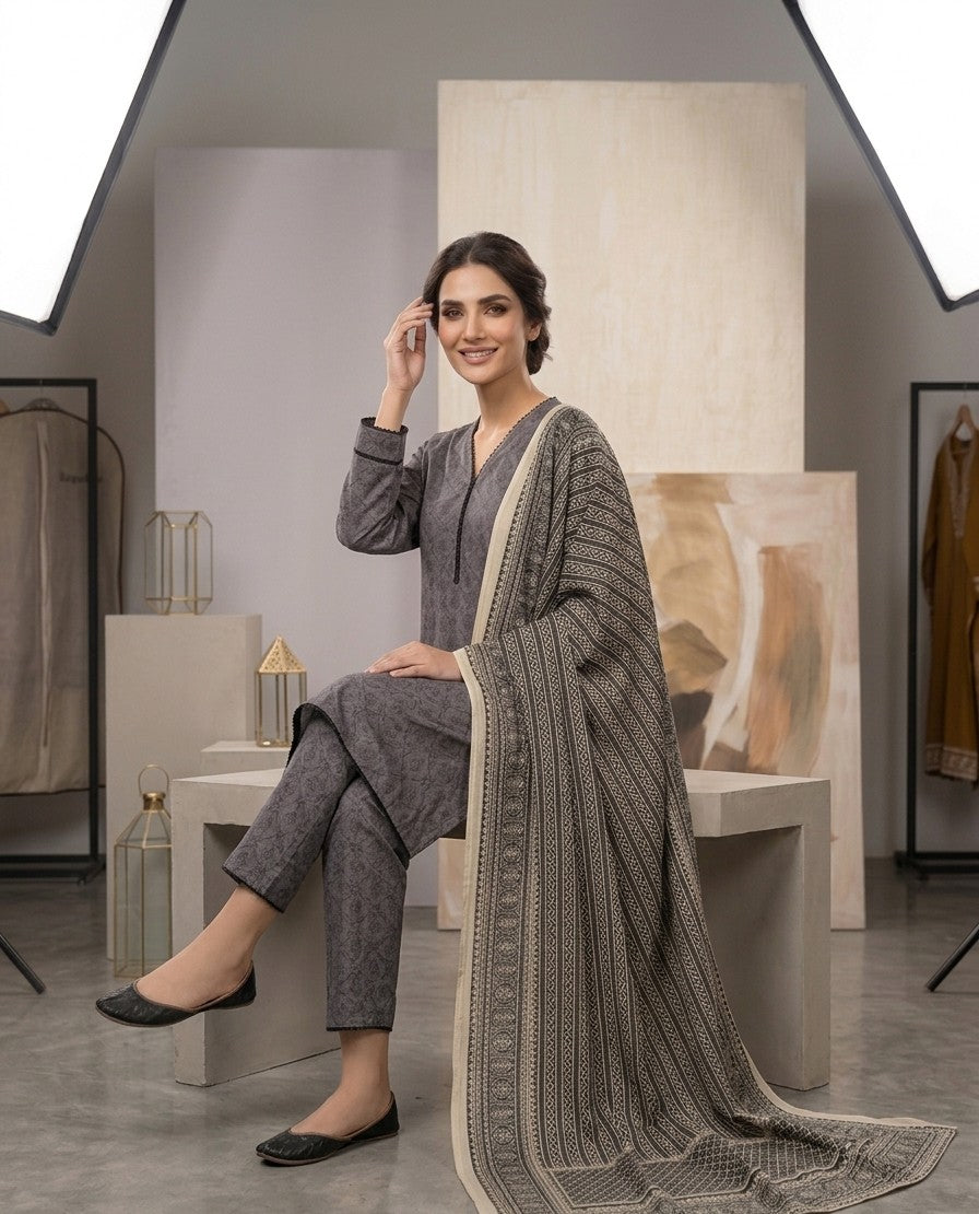 2 Piece Printed  Gray Shirt with Dupatta Bayashma 