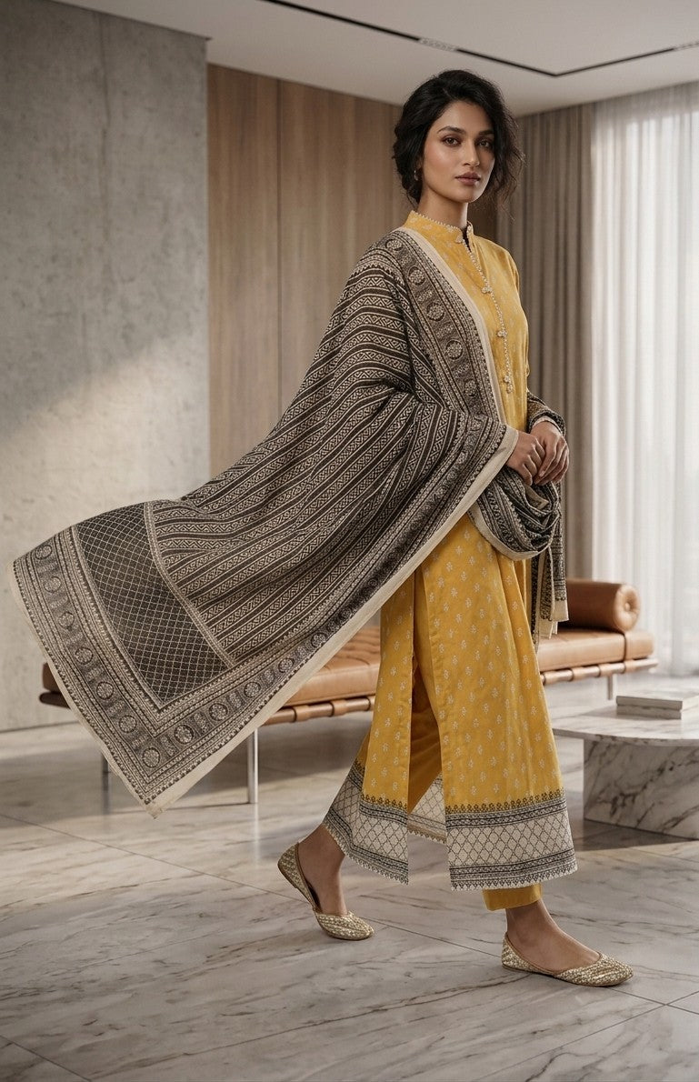 2 Piece Mustard Shirt with Printed Dupatta Bayashma 