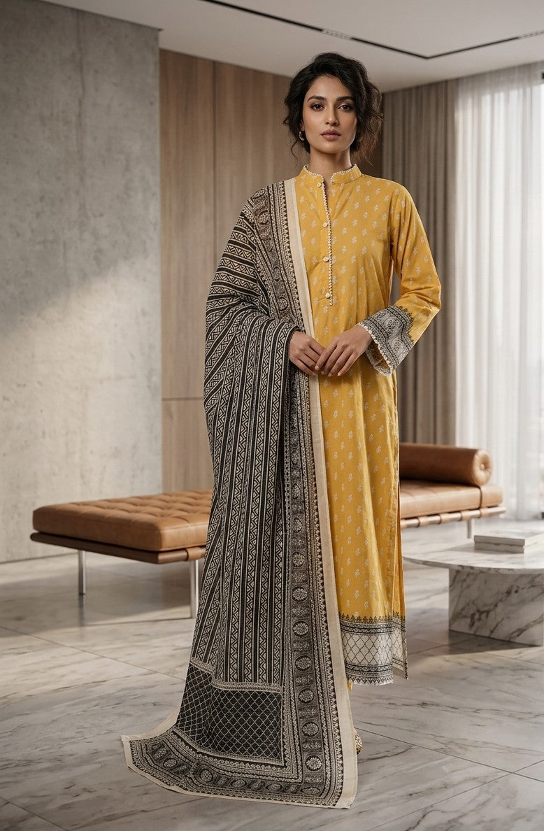 2 Piece Mustard Shirt with Printed Dupatta Bayashma 