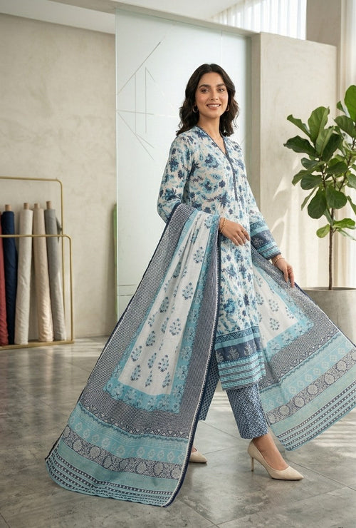 2 Piece Light Blue Shirt with Printed Dupatta Bayashma 