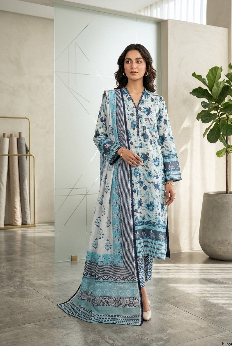 2 Piece Light Blue Shirt with Printed Dupatta Bayashma 