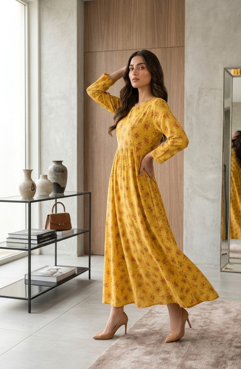 Yellow Floral Long frock Bayashma 