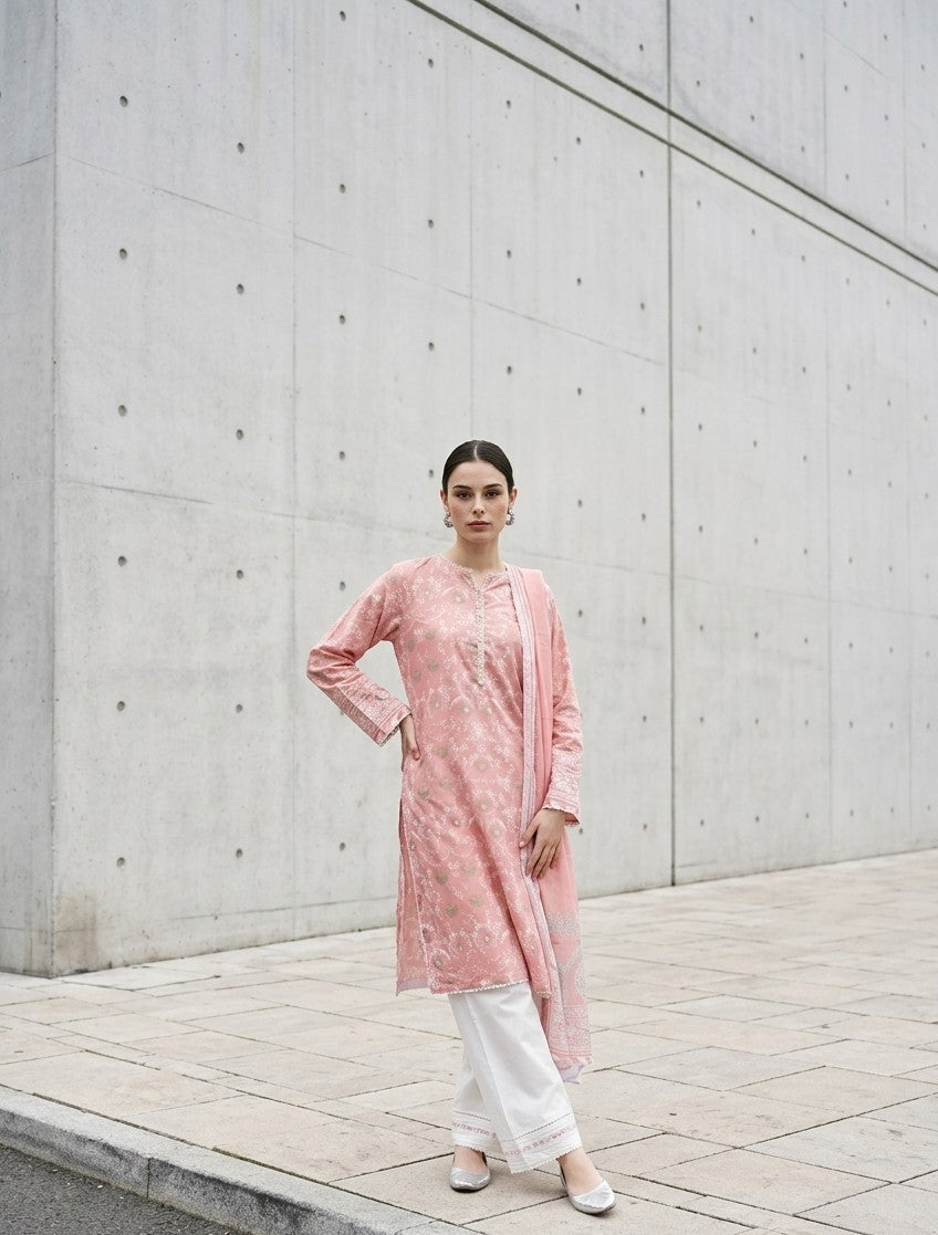2 Piece Peach Pink Shirt with Printed Dupatta Bayashma 