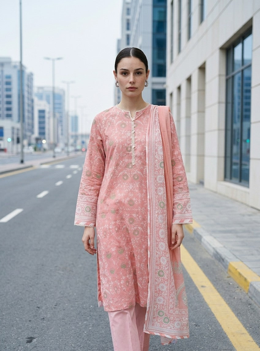 2 Piece Peach Pink Shirt with Printed Dupatta Bayashma 