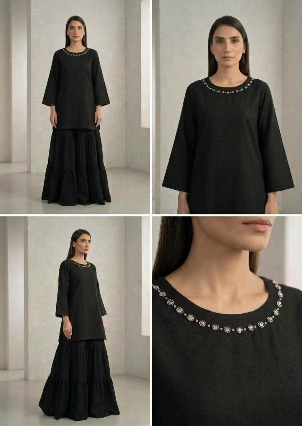 Black kurta with embellished neckline and matching tiered skirt, front and neckline details