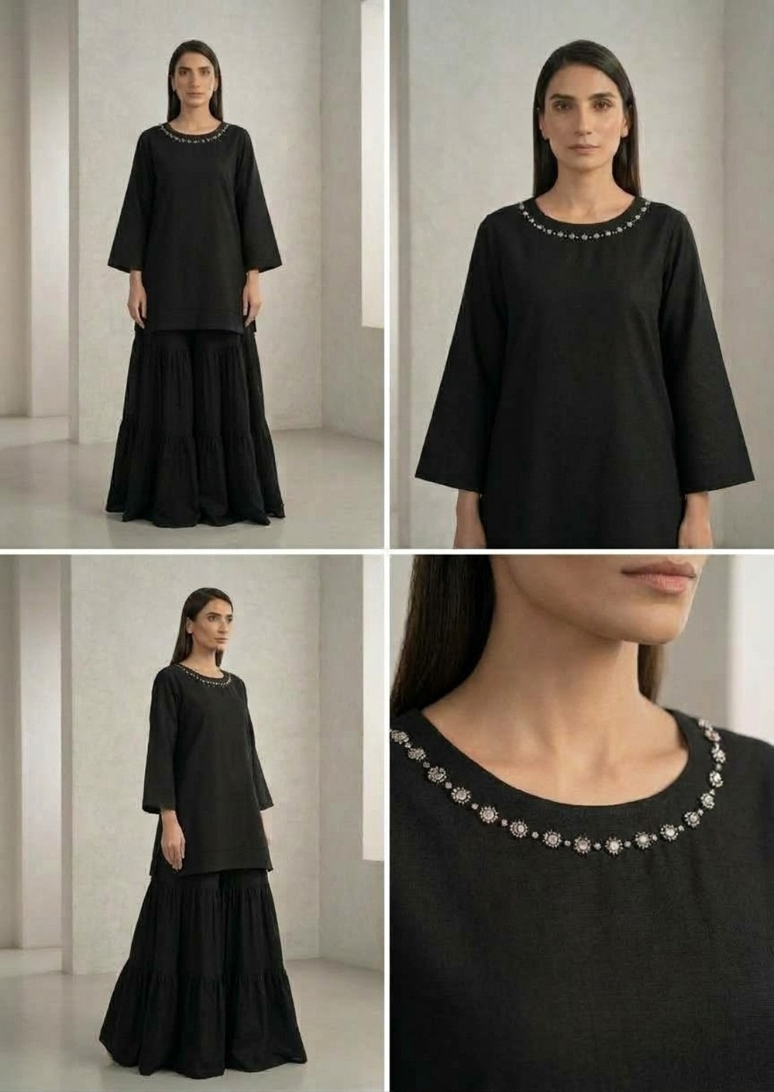 Black kurta with embellished neckline and matching tiered skirt, front and neckline details
