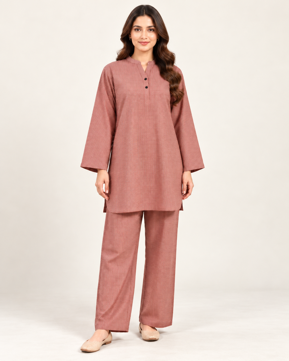 Bayashma Blush Geometric Pleated Tunic Set — front view