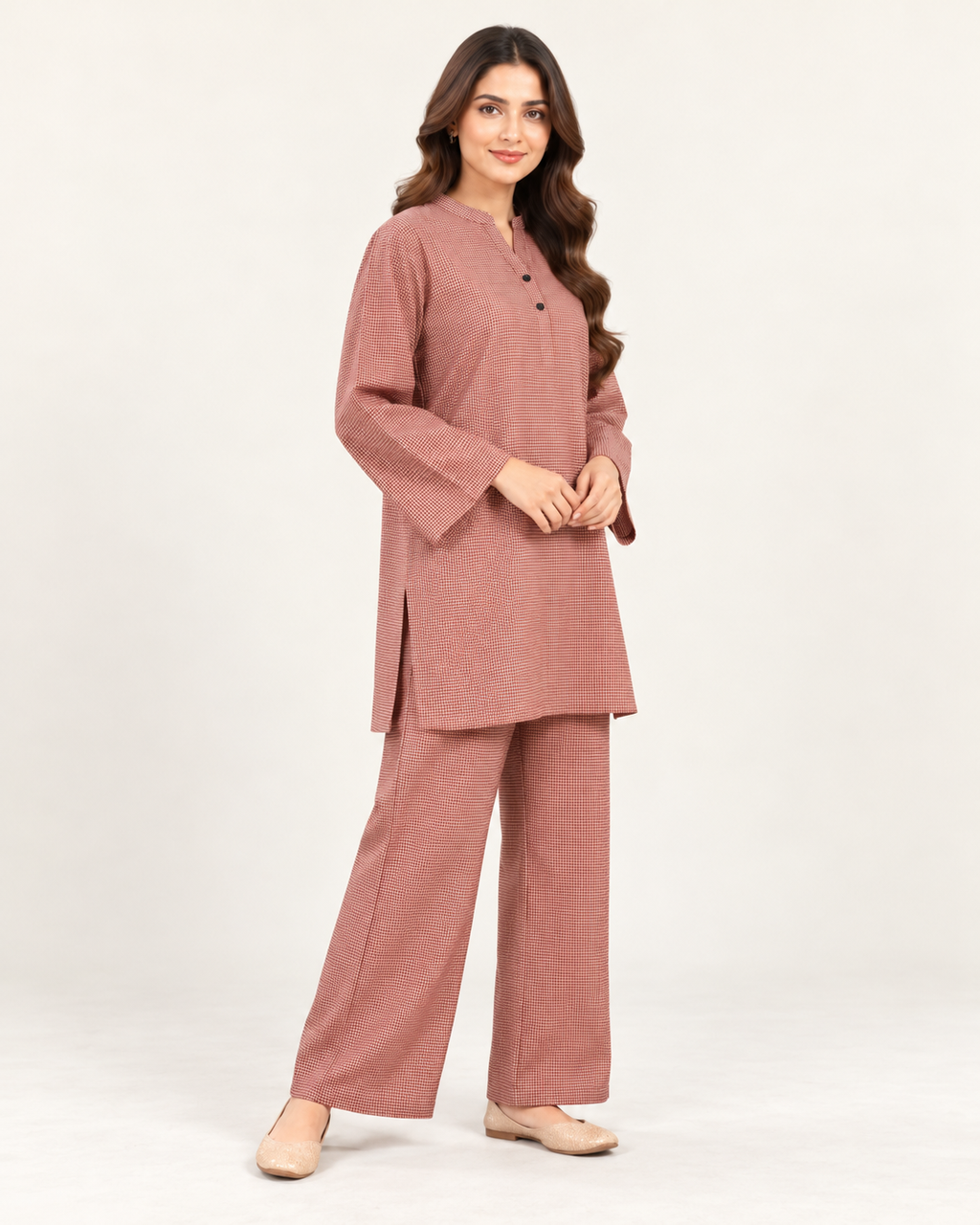 Bayashma Blush Geometric Pleated Tunic Set — three-quarter view