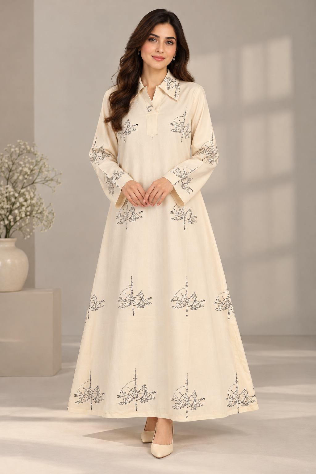 Cream Motif Collared Maxi Dress Bayashma 