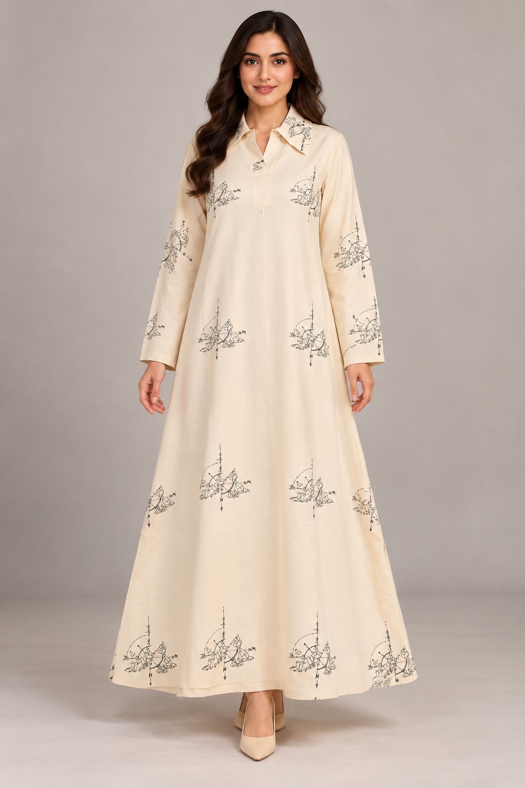 Cream Motif Collared Maxi Dress Bayashma 