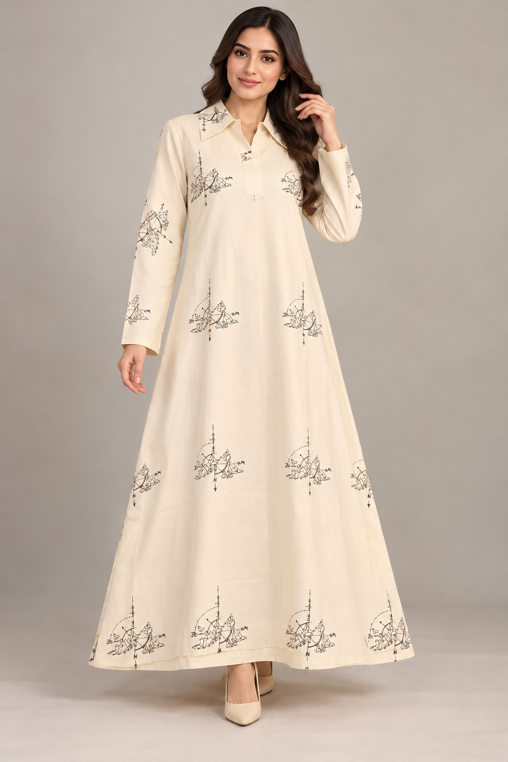 Cream Motif Collared Maxi Dress Bayashma 