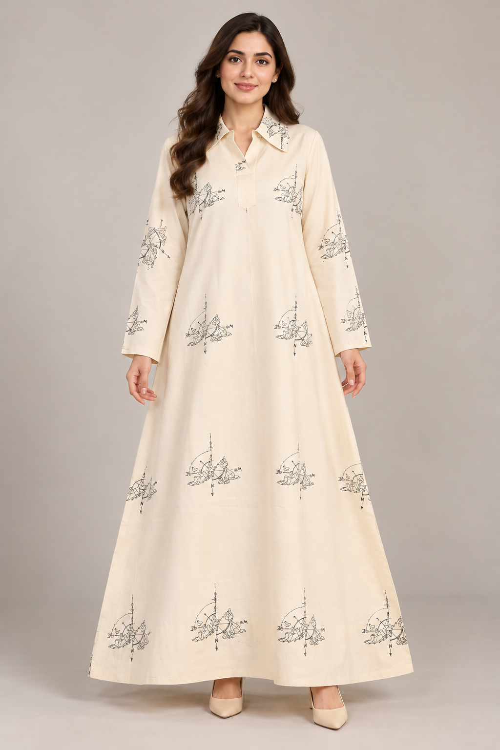 Cream Motif Collared Maxi Dress Bayashma 
